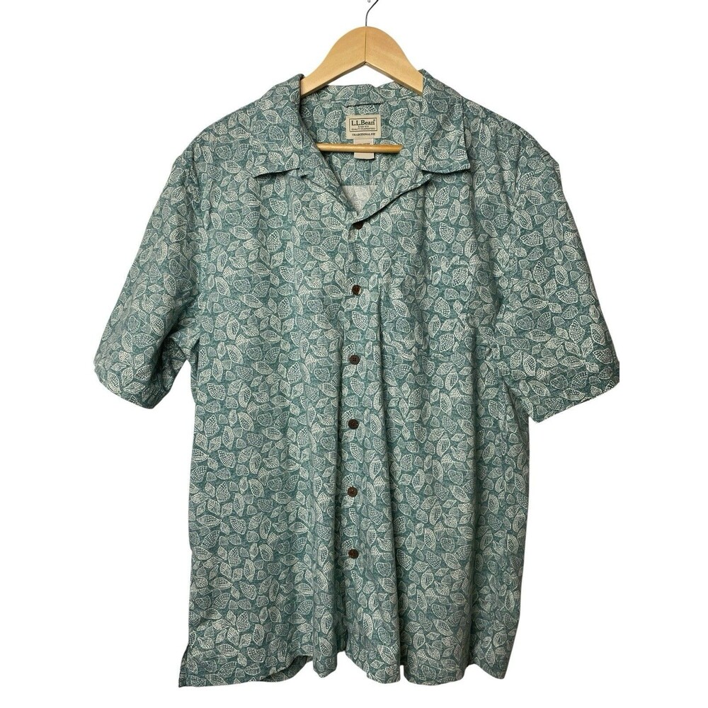 LL Bean Tropics Hawaiian Shirt Mens L Green Seashell Print Camp Short Sleeve